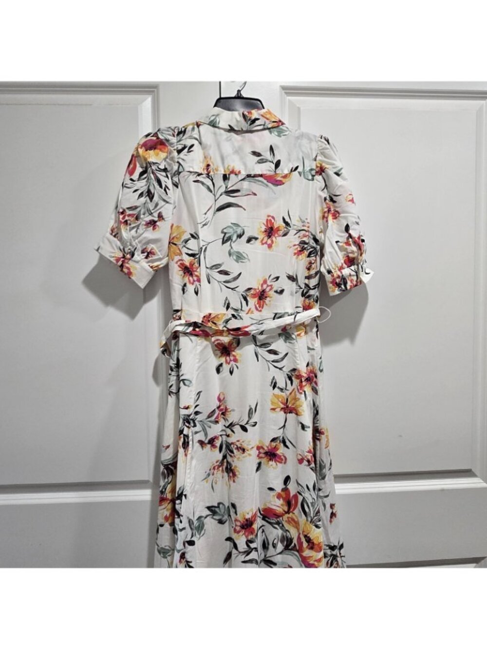 Calvin Klein - 2 Floral Midi Shirt Dress Cotton Belted Puff Sleeve Chest Pockets - Picture 6 of 11